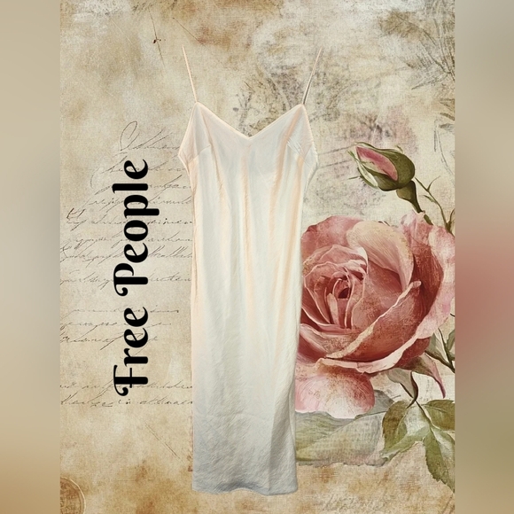 Free People Women Satin Midi Slip Dress Sz M Ivory Adj Straps Side Slits Elegant - Picture 1 of 15